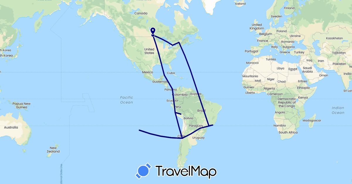 TravelMap itinerary: driving in Brazil, Canada, Chile, Mexico, Panama, Peru (North America, South America)
